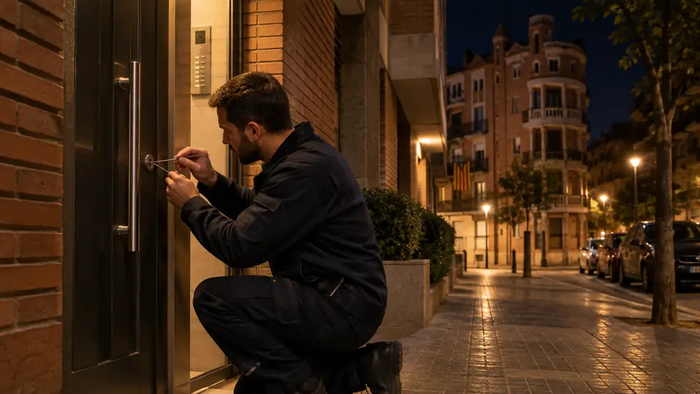 Cerrajero de urgencia abriendo una puerta de noche en Terrassa