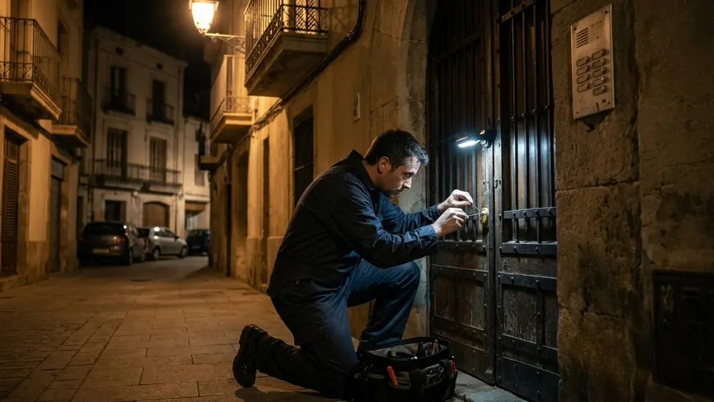 Cerrajero de urgencia abriendo una puerta de noche en Granollers