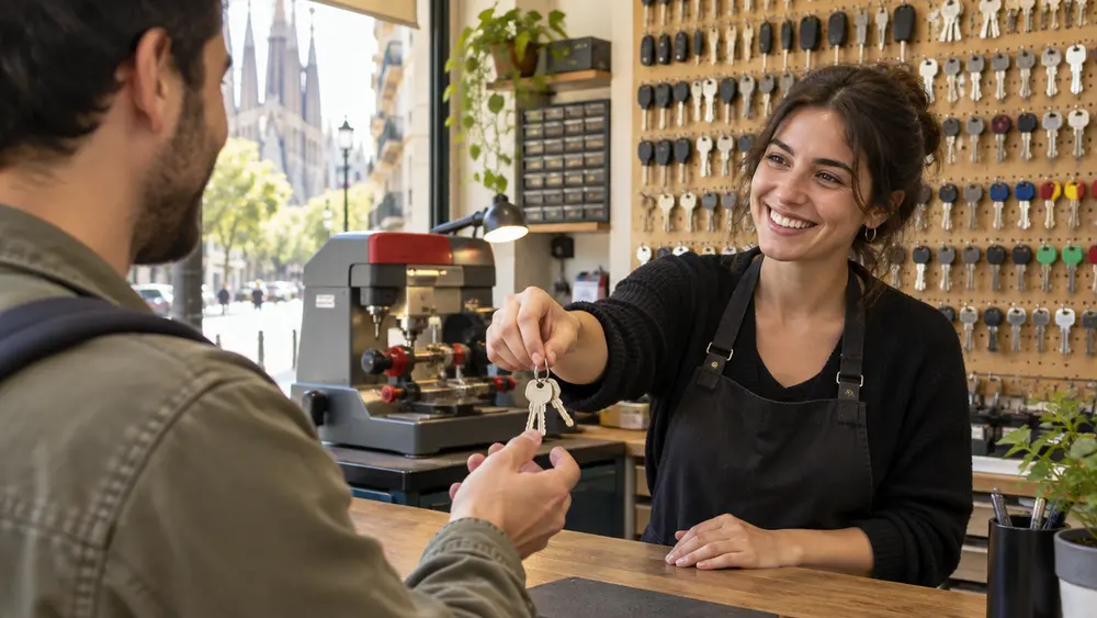 Opiniones de clientes de Clauteck Clienta recogiendo copias de llaves en la tienda de Cerrajería Clauteck en Barcelona