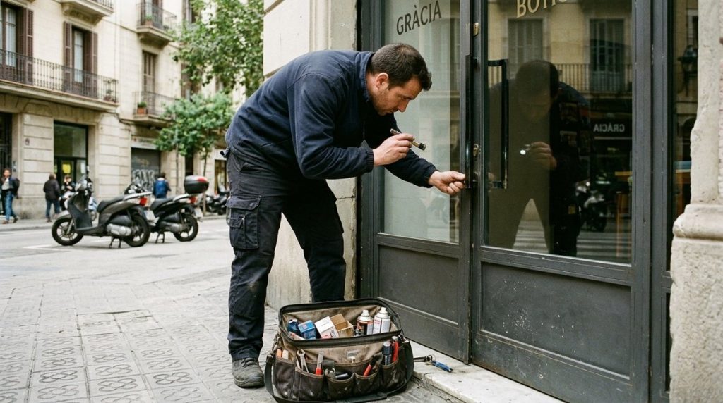 Cerrajero revisando el cilindro de seguridad de la puerta de un comercio en Barcelona