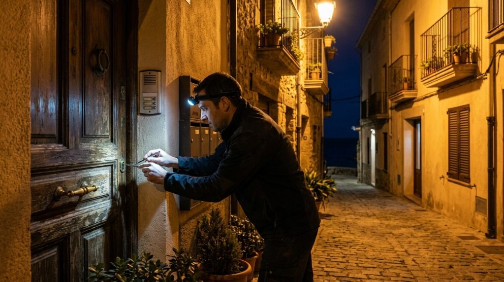Cerrajero de urgencia abriendo una puerta de noche en Mataró