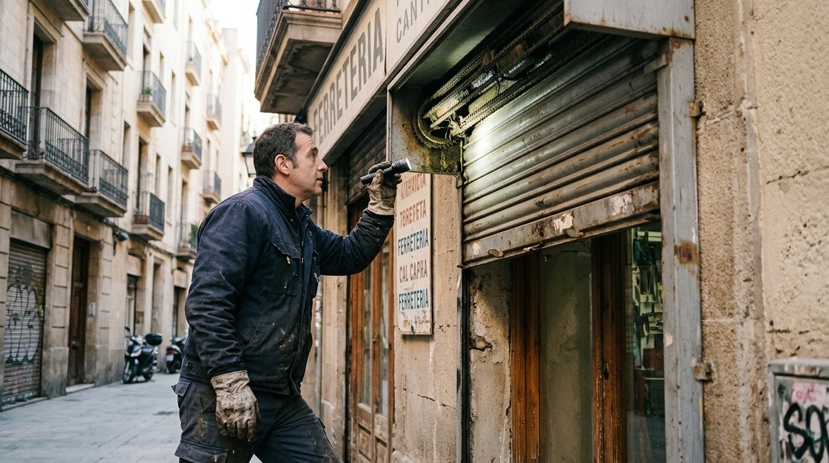 Técnico revisando el motor de la persiana metálica de un local en Barcelona