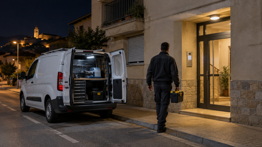 Cerrajero 24 horas llegando de noche a un edificio de Sant Andreu de la Barca