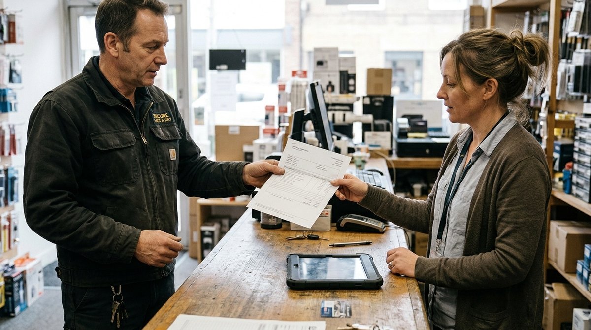 Cerrajero entregando el parte de intervención a la responsable de una tienda