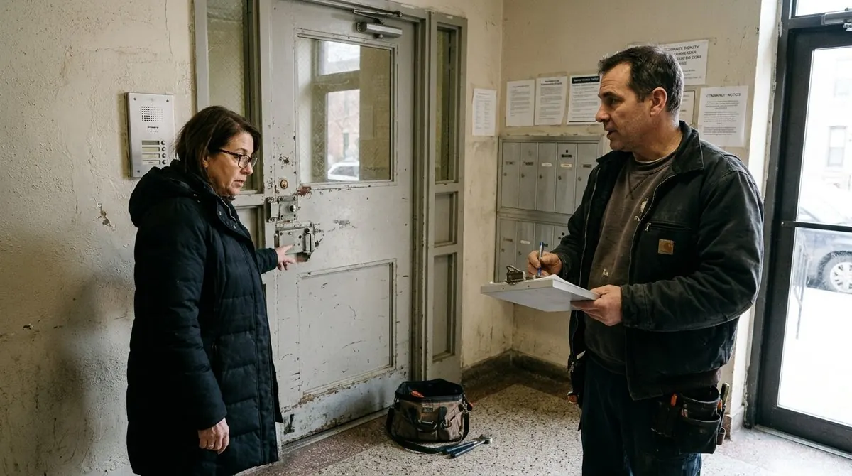 Cerrajero atendiendo a una vecina en el portal de una comunidad de vecinos en Gavà
